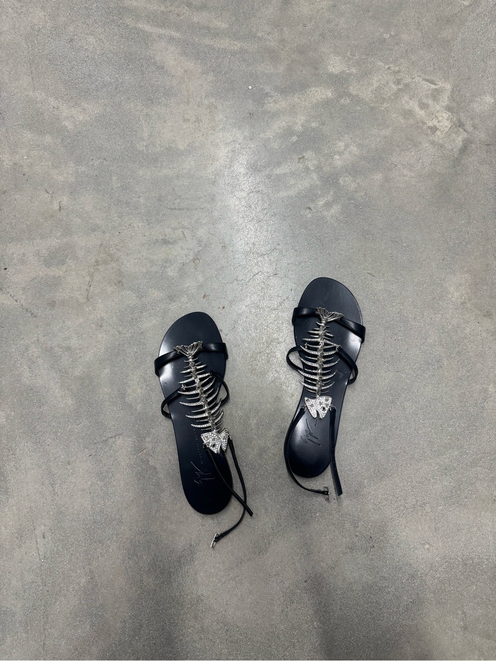 Giuseppe Zanotti Black Crystal Fishbone Strappy Sandals